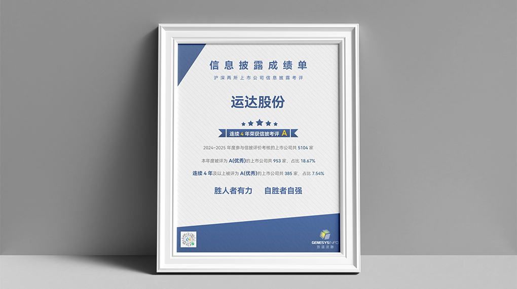 运达连续4年荣获上市公司信息披露最高评级&ldquo;A&rdquo;级